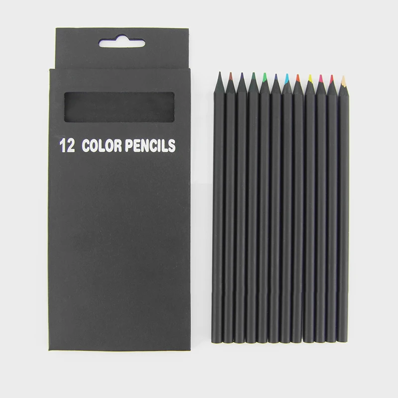 12 шт./компл. высокое качество упаковка карандаша 12 разных цветов Цветные карандаши, милые школьные черные деревянные карандаши