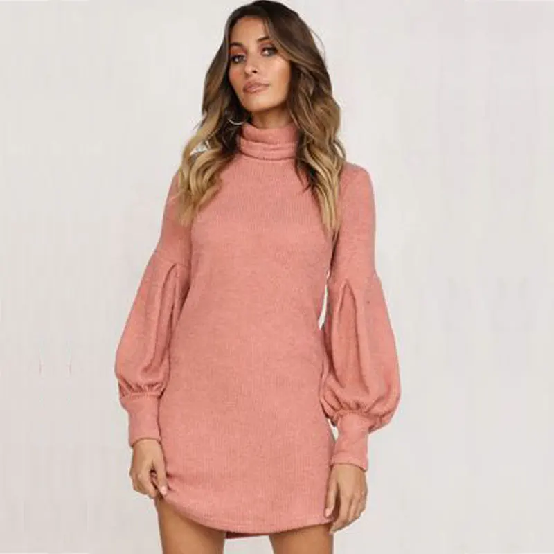 

Turtleneck lantern sleeve women dress Elegant female winter sweater dress Casual streetwear solid ladies midi dress 2019