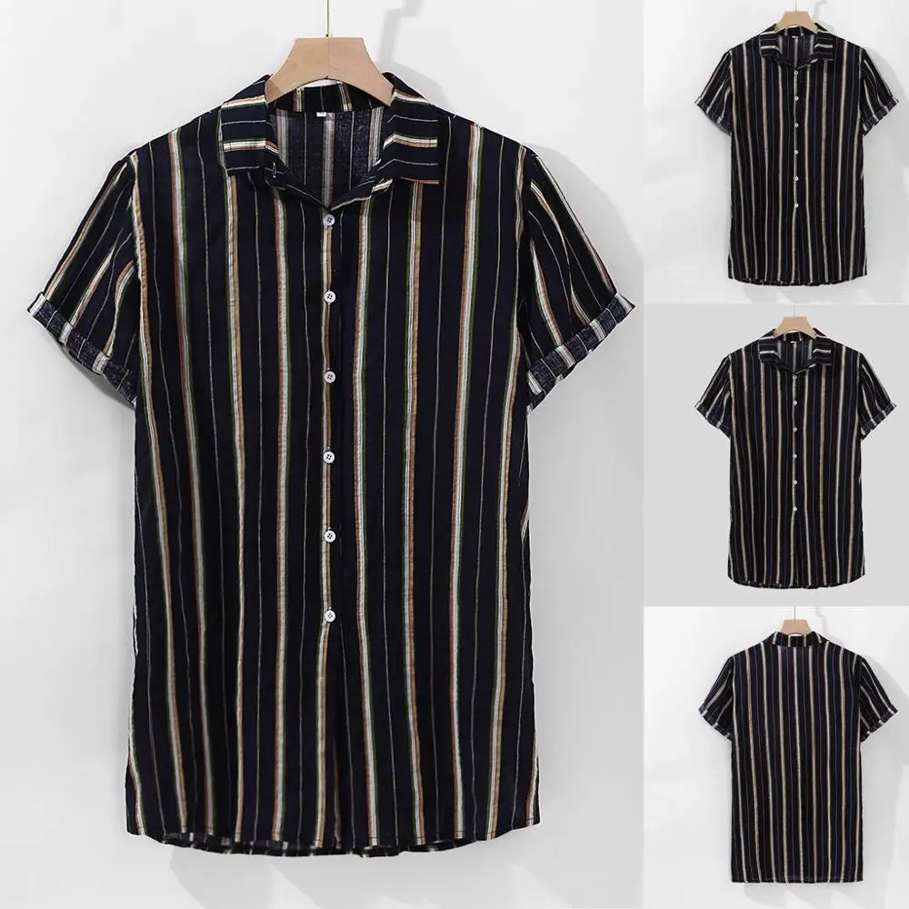 

2019 New Arrival Men's Colorful Stripe Summer Short Sleeve Loose Buttons Casual Shirt Blouse