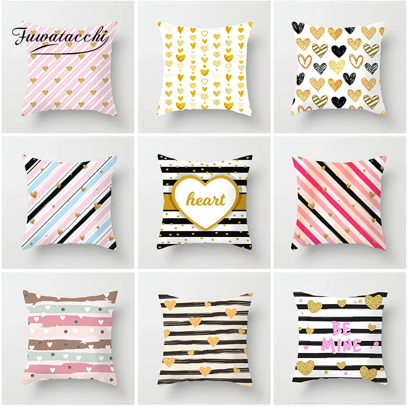 

Fuwatacchi Gold Heart Printed Cushion Cover White Striped Pillow Cover Decorative Square Throw Cushion Case for Home Sofa