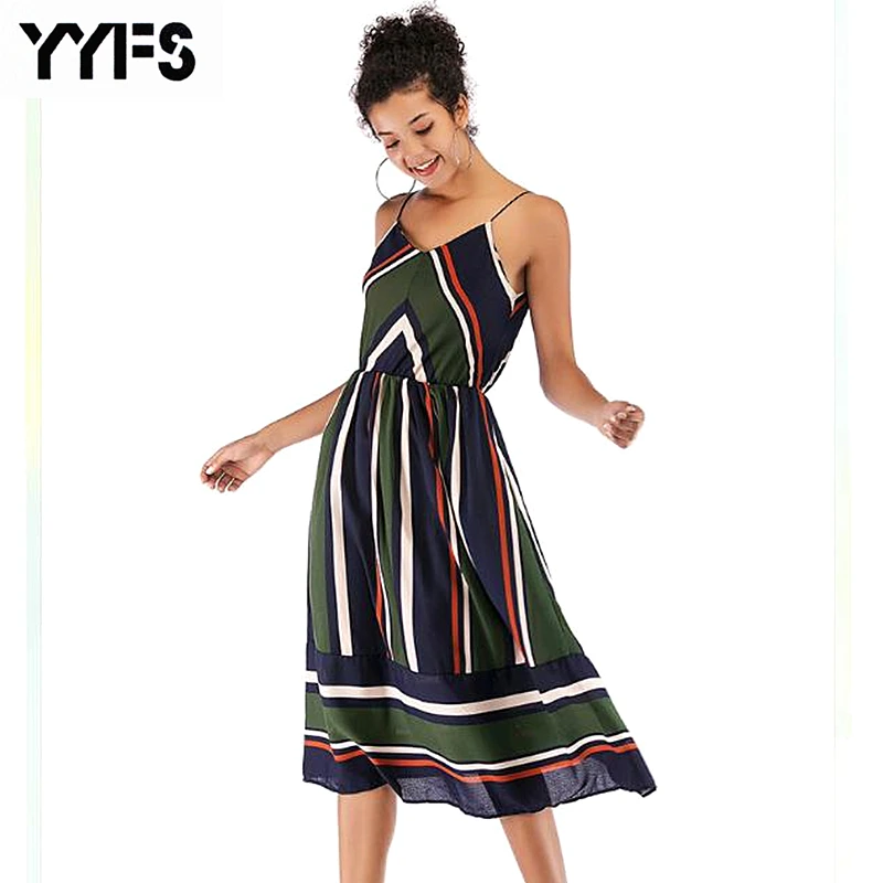 

2019 Fashion Women Dresses Summer Lady V-neck striped Chiffon sling mid-length Dress Female Spring Sleeveless Stripe Dress