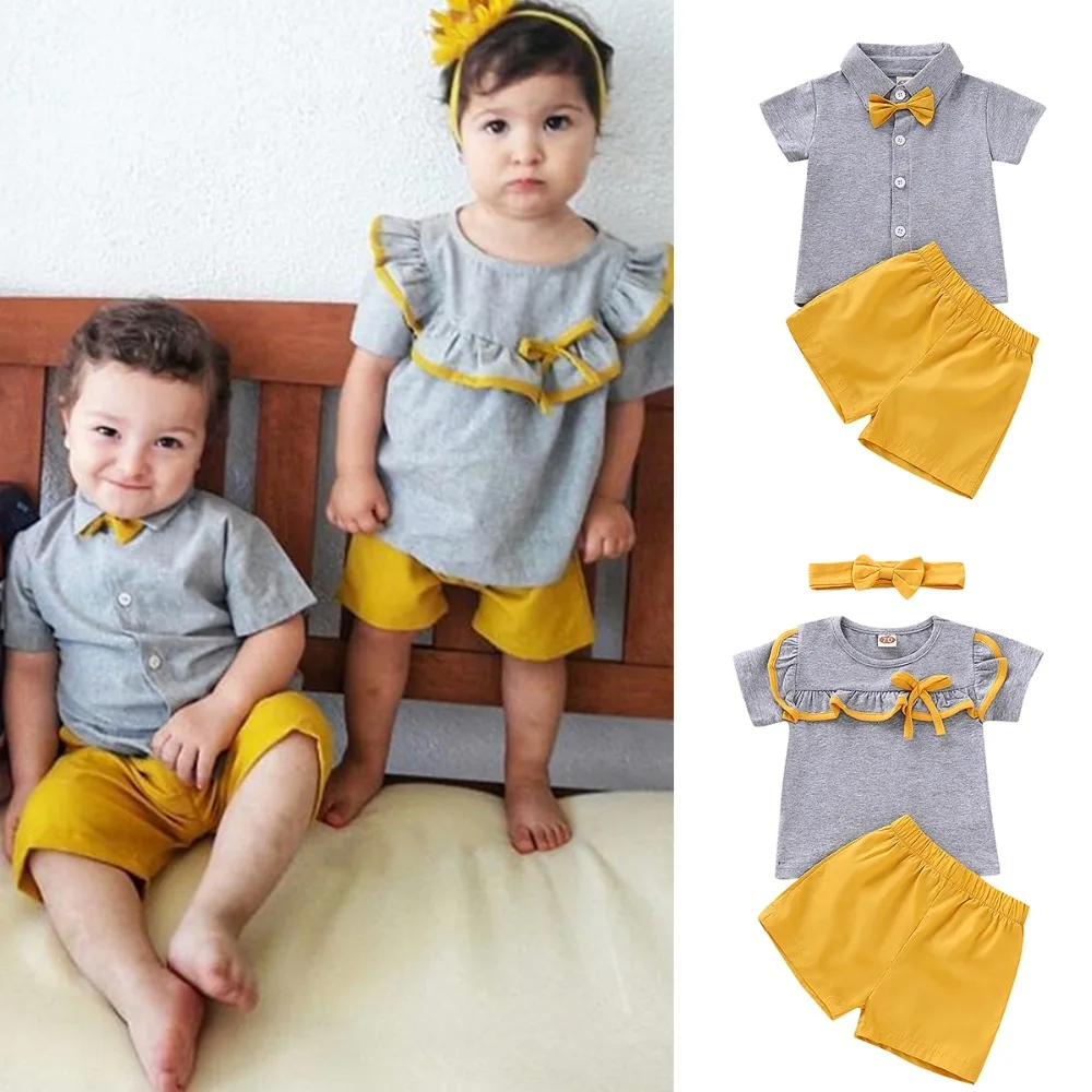 puseky Baby Boys Girls Short Sleeve T-Shirt Tops+Short Pants Brother and Sister Matching Outfits Set