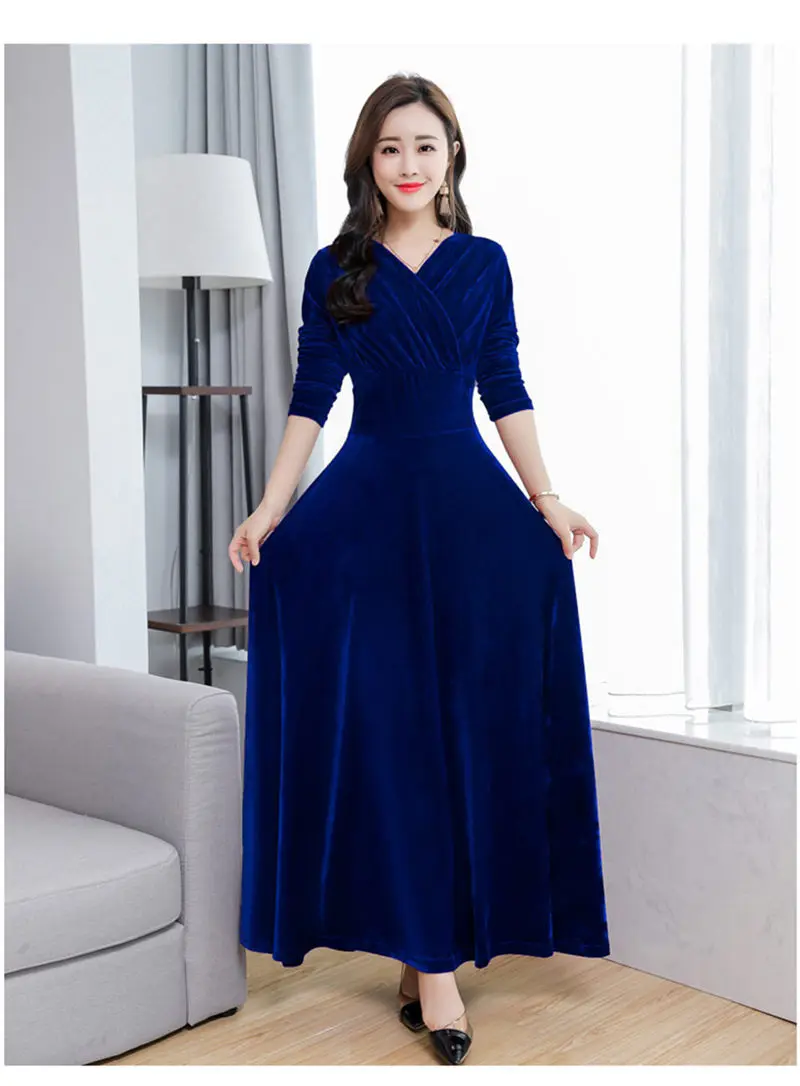 Зимнее Ретро Темно-синее вельветовое платье для вечеринки женское корейское осеннее сексуальное с длинным рукавом v-образным вырезом большие свинг-платья женское платье - Цвет: Тёмно-синий