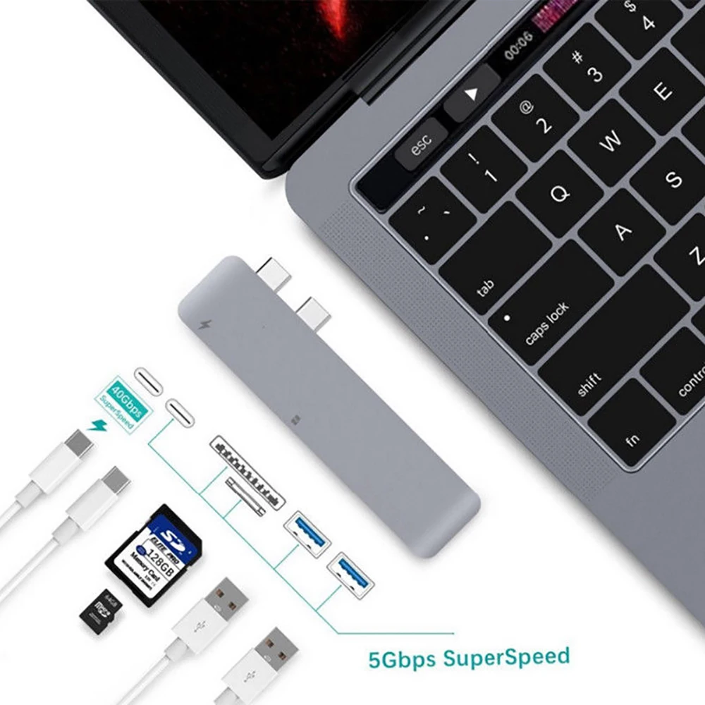 Dual Type C HUB 3.0 Adapter 6 in 1 Charger Card Reader USB3.0 Type Charging Converter For Macbook Pro Google Chromebook Laptop 