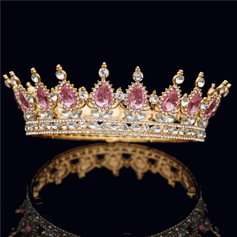 

New Fashion Gold Pink Crystal Tiara Crown Bride Pageant Round Diadem for Queen King Bridal Wedding Hair Jewelry Accessories