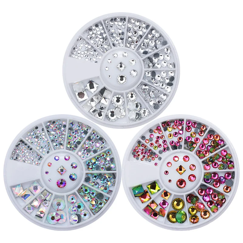 

1 Box AB Color Acrylic Rhinestone Flat Bottom Round Square Nail Art Manicure DIY 3D Decoration in Wheel