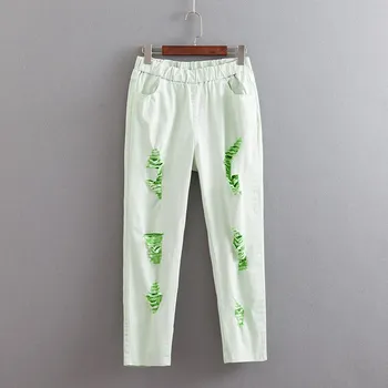 

Plus Size Women Colorful Summer Wear Jeans Loose Casual Elastic Waist Hole Washing Thin Denim Pencil Pants