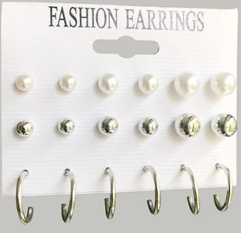 

Fashion 9 pairs/set Women round Crystal pearl Stud Earrings for female Piercing Simulated Pearl simple Earrings