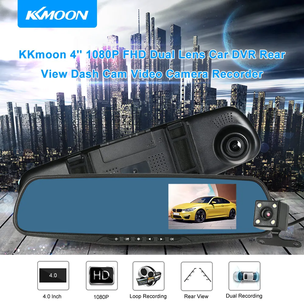 KKmoon 4 дюйма 1080 P FHD двойной объектив Автомобильный видеорегистратор заднего вида регистратор видеокамера