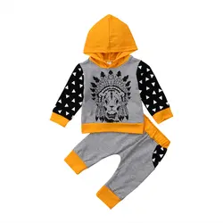 Lion Kids для маленьких мальчиков с капюшоном для девочек одежда футболка Топ + длинные штаны комплект из 2 предметов Размеры 0-24 м