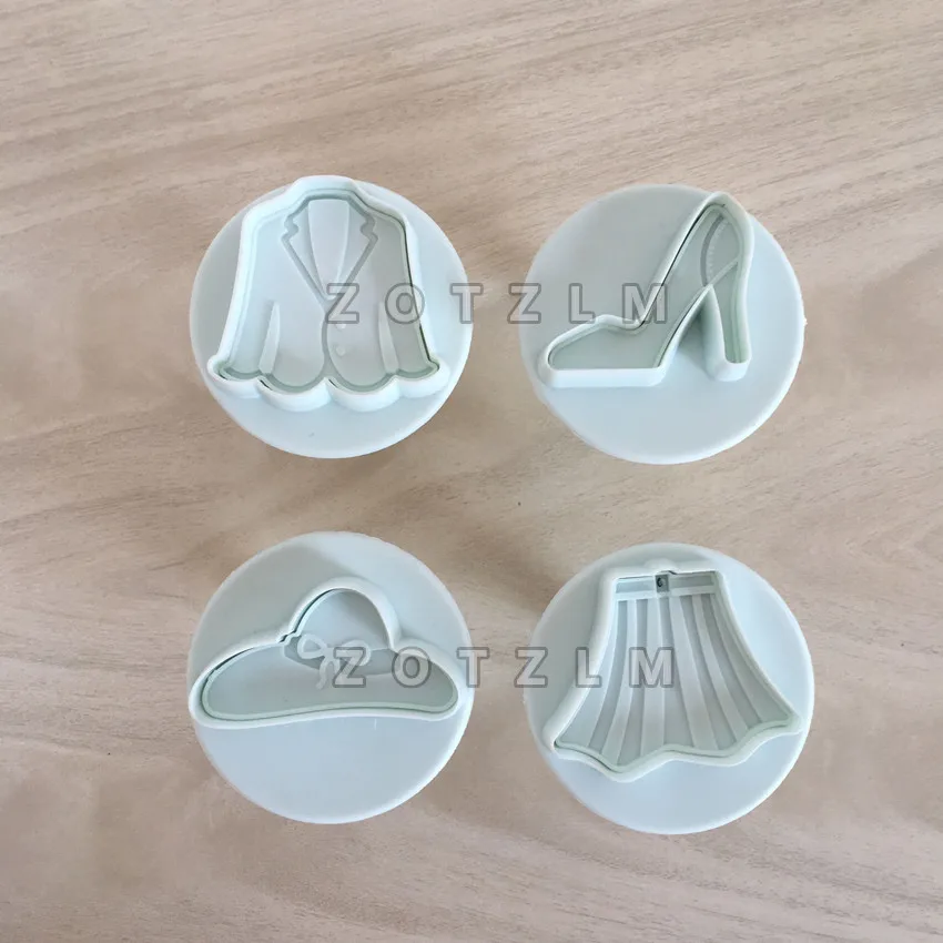 

4 pcs/Lot Woman's Costumes Plastic Cookie Cutters Set Cake Fondant Pastry Mold Bakeware Coat High-Heels Skirt Hat Shapes SLP017