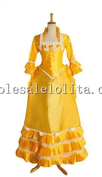С длинными рукавами, желтое атласное в викторианском стиле, Стильное женское платье с бантом, распродажа - Цвет: Золотой