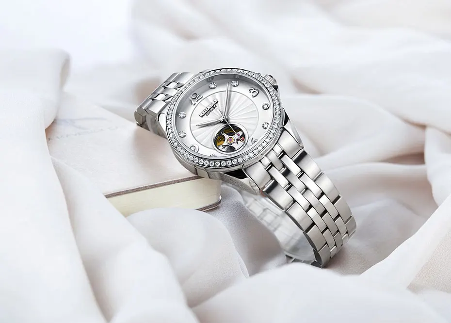 RUIMAS женские классические, автоматические механические часы, самовзрывающаяся резьба по каркасу, круговая шкала, полная сталь, женские наручные WRS6733LC-7, белый цвет