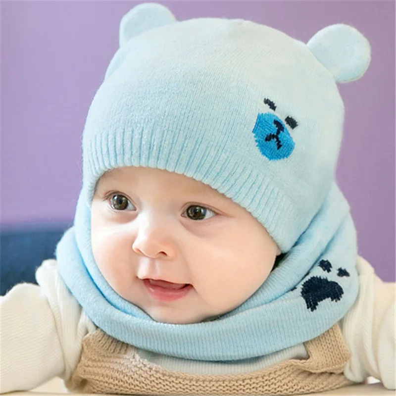 Новорожденный ребенок Шапки вязаная теплая Кепки медведь круглый колпачки машин защищает шапка с ушками для малышей Зимние Кепки s+ наборы с шарфом 2 шт./компл