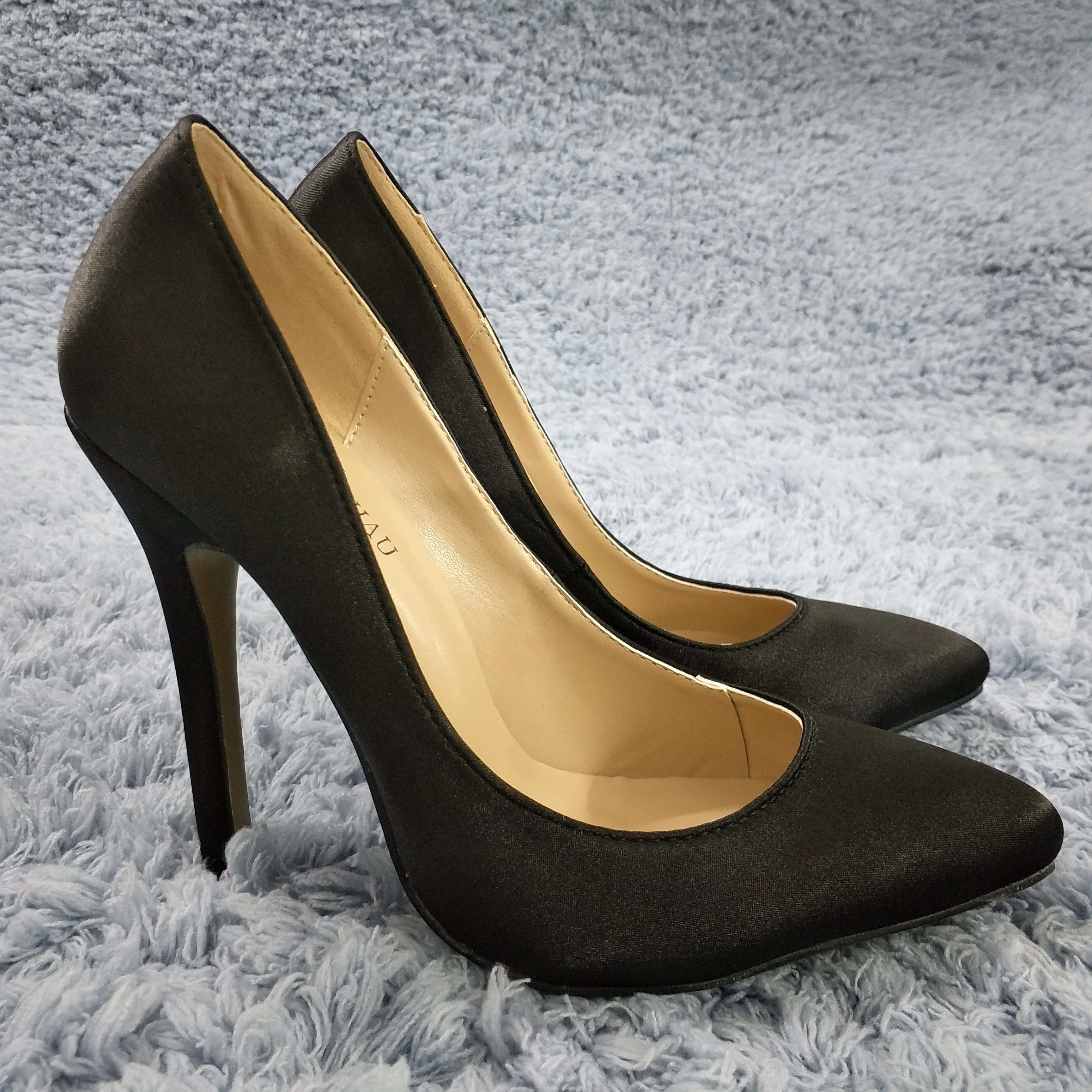 

Women Stiletto Thin High Heel Pumps Sexy Pointed Toe Black Satin Party Work Office Career Lady Shoes 119-b10