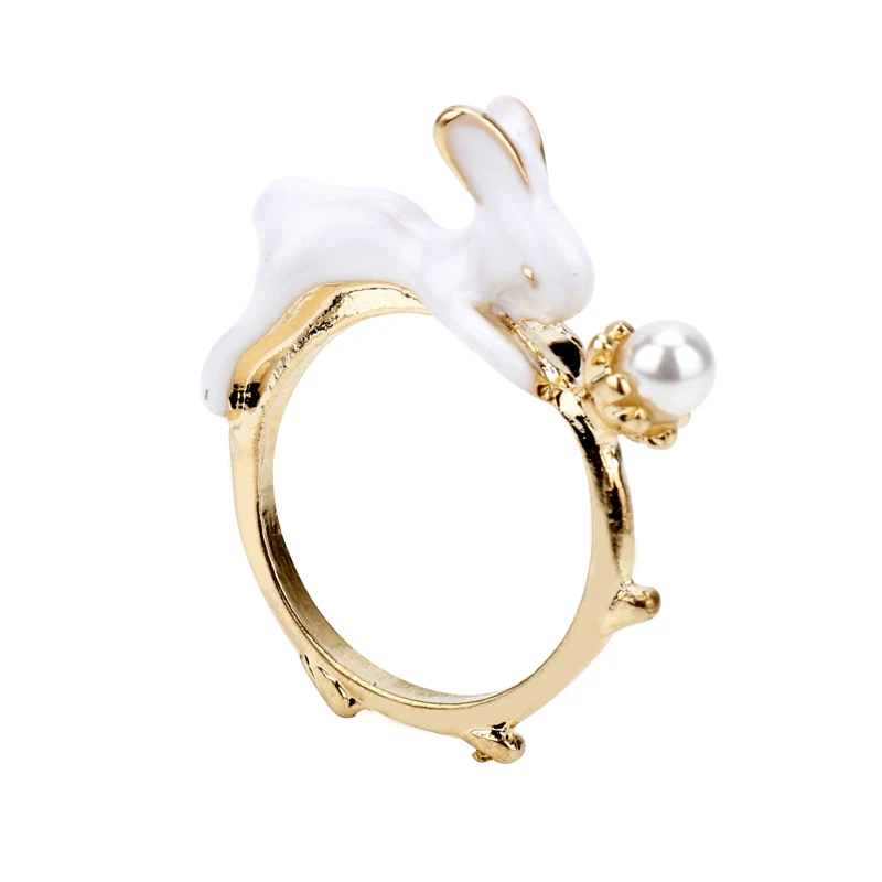 dongsheng Fashion Cute Animal Rabbit White Enamel Bunny Ring Vintage