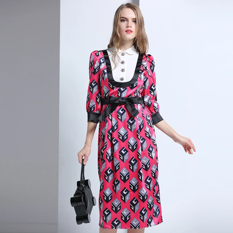 Princess Casual Dress 2016 Ladies New Hot Sale 3/4 Sleeve Women Belt Slim Print Top Grade Autumn Winter Peter Pan Collar Dress