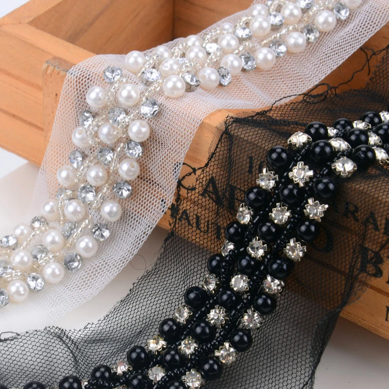

5 Meter/Lot Beaded Lace Rhinestones Pearl Trim Sewing Accessories Diy Lace Applique Lace Fabric Decoration Wedding Free Shipping