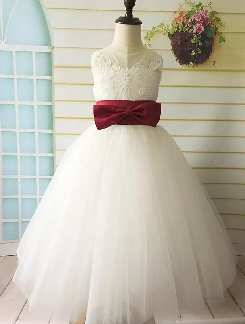flower girl dress with red sash