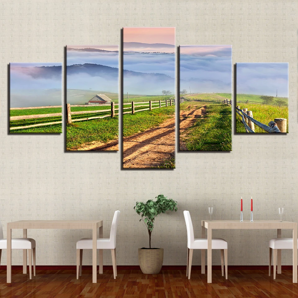 

Framed Paintings Modular Poster 5 Pieces Mountain House Path Field Scenery Picture HD Print On Canvas Decor Wall Art Living Room