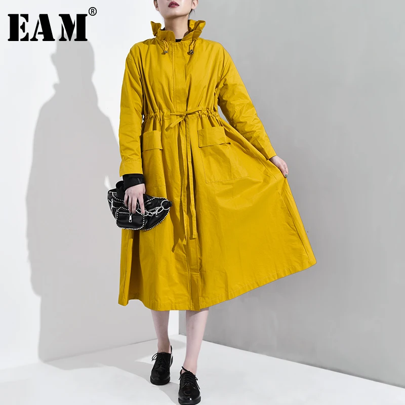 

[EAM] 2019 New Autumn Winter Stand Collar Long Sleeve Drawsring Loose Big Size Windbreaker Women Trench Fashion Tide JO4040