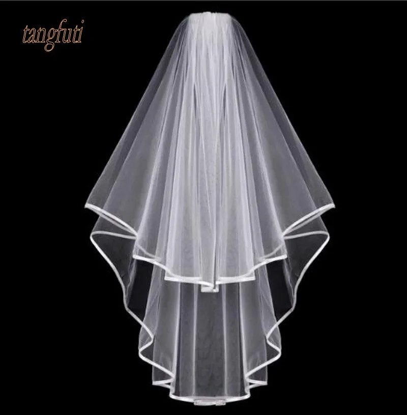 

Simple Tulle White Ivory Two Layers Wedding Veils Ribbon Edge Comb Cheap Wedding Accessories Short Bridal Veil