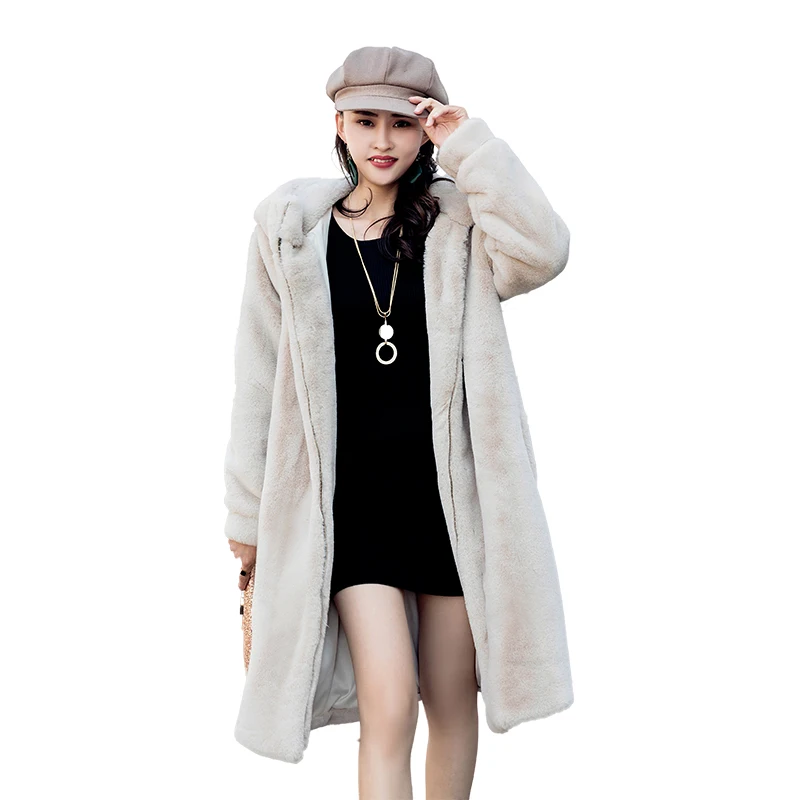 Colour Femmes Cheveux apricot Chaud Caramel Épaississement Femelle De black Hiver Lapin Long Lâche Capuchon Manteau Veste À 2018 Automne Faux Fourrure coréen Nouvelle YRB66n