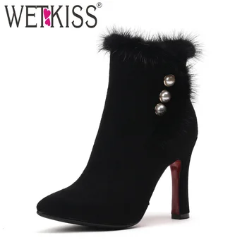 

WETKISS High Heels Women Ankle Boots Pearl Pointed Toe Flock Footwear Fur Zip Ladies Boot Wedding Bridal Shoes Women 2018 Black