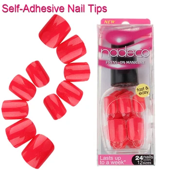 

12Sets Full Cover Red Rose Pink Self-Adhesive Fake Nail Polish Tips Pure Color Glued False Nails French Manicure Tips RCP-21