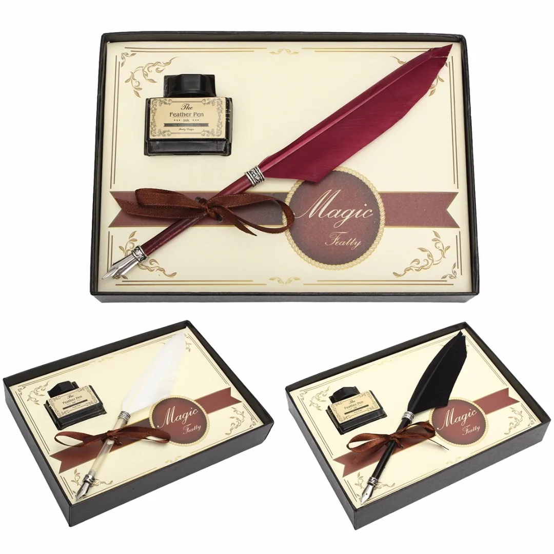 3Colors New Feather Quill Metal Nib Brown Dip Pen Writing Ink Set With Box Gift 21 x 0.5cm