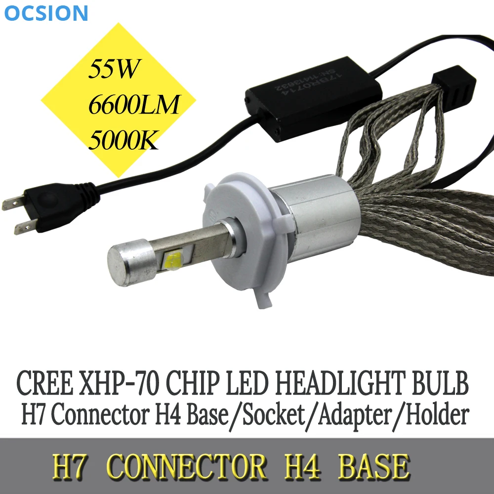 

1pcs P70 CREE XHP-70 Chip 55w led headlight h7 type h4 base socket adapter holder Car Headlights 6600lm auto bulbs 5000k