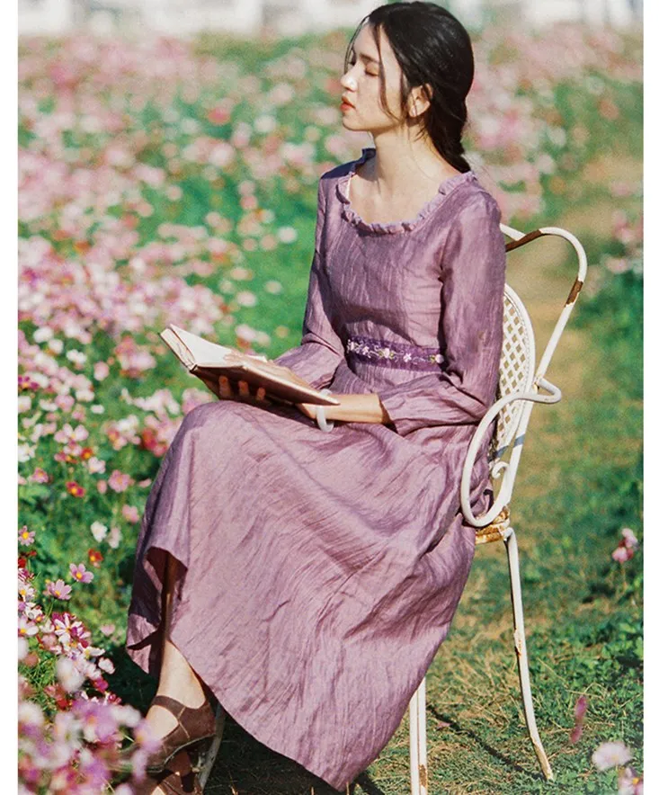 

Spring Women Casual Loose Linen Long Dress Ladies Cute Vintage Elegant Slim Embroidery Midi Dress vadim jurken vestidos 2019
