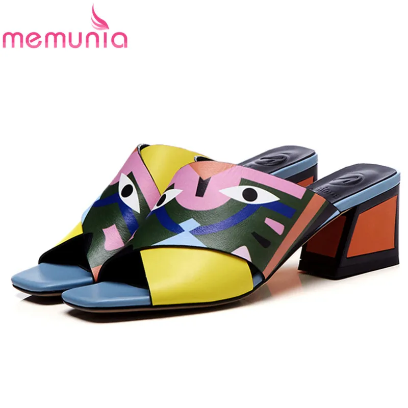 

MEMUNIA SIZE 43 2019 New genuine leather shoes slippers women shoes summer flip flops Graffiti sheepskin lady shoes drop ship