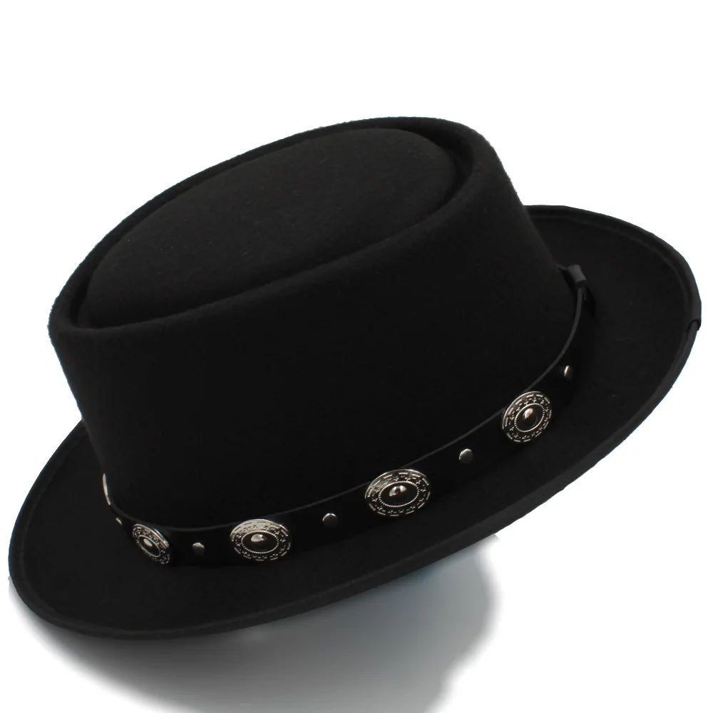 Women Men Pork Pie Hat Dad Wool Flat Fedora Hat For Lady Gentleman