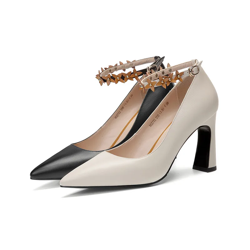 

2019 spring and summer leather pointed women's high heels flowers beaded buckle autumn shallow mouth single shoes women