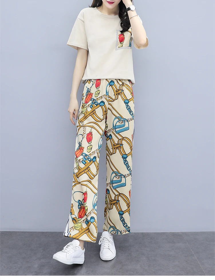 L-5xl, летний комплект из двух предметов с принтом, женские футболки с коротким рукавом и широкие штаны, повседневные Модные женские комплекты
