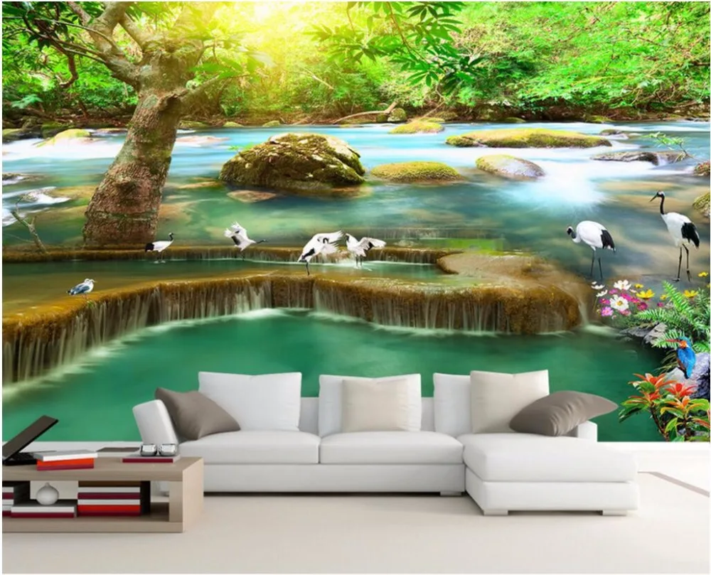 

3d wall murals wallpaper for walls 3 d wallpaper Sun forest falls cranes background wall room decor Custom mural photo painting