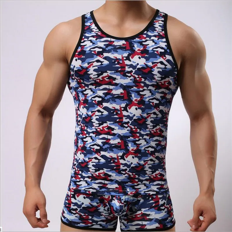 

Free shipping WJ men's ultra thin trendy sexy vest leopard print gauze tank top camouflage vest 5colors