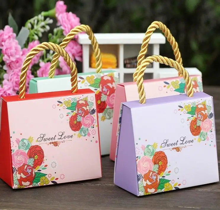 20Pcs/Lot Wedding Paper Gift Bags With Handles Wedding Favors For Guests Pink/Purple Flower