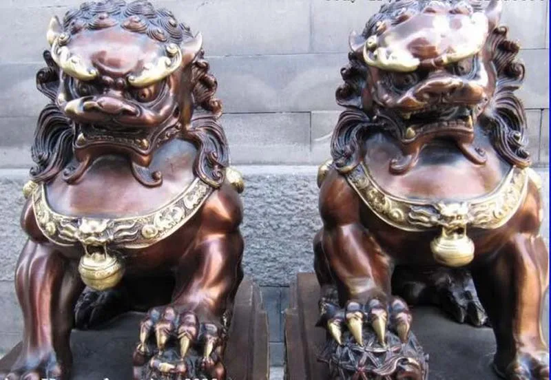 

17 INCH Chinese Folk Red Bronze Foo Fu Dog talismanEvil Guardian Door Lion Pair free shipping
