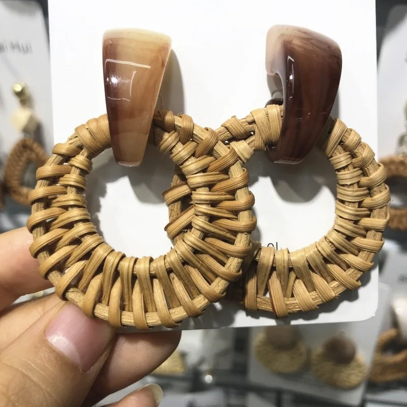 Handmade Bohemia Round Rattan Drop Earrings For Women Straw Weave Rattan Knit Vine Unique Dangle Earrings Fashion Jewelry ET15 (2)
