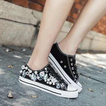 

Spring Korean version of the trend low to help rhinestones pearl canvas shoes handmade custom breathable casual women's shoes