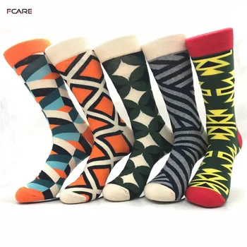 Enlarge Fcare 2PCS=1 pair New  colorful geometric color plaid men's crew cotton socks long funny socks