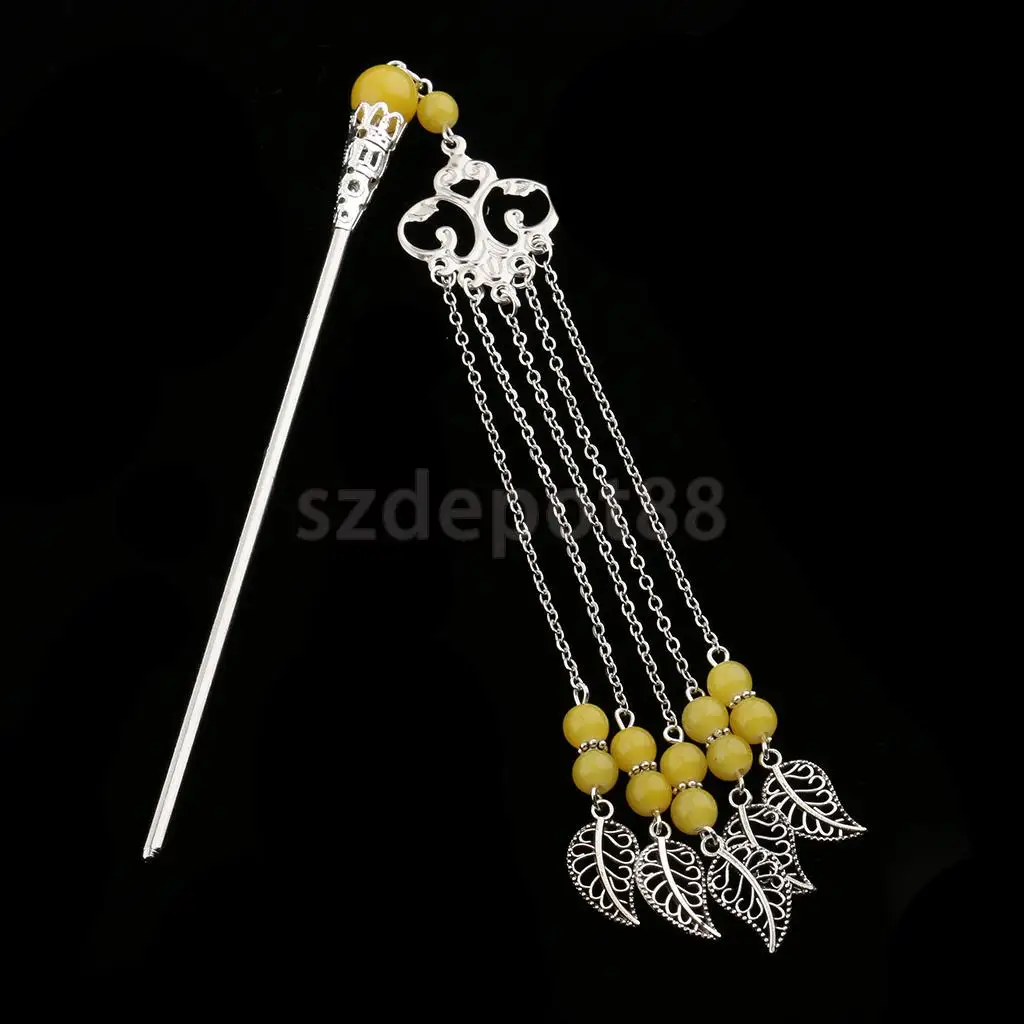Solid Metal Tasel with Beads Stick Pin Hanfu Dress Ancient Chinese Cosplay Drama Girls Cute Hair Pin