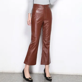 

Pantalons 2020 New Womens Streetwear Long Pants Calcas Slim Trousers Genuine Leather Sheepskin Solid Female Fashion Flare Pants
