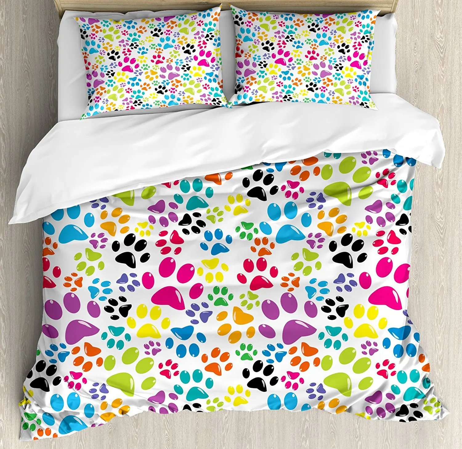 Dog Duvet Cover Set Colorful Little Paws Cute Steps Childish Artwork