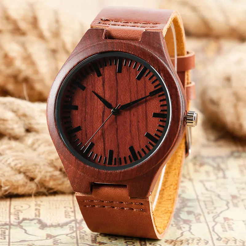 

100% Natural Wood Mens Watch Minimalism Hand-made Genuine Leather Quartz Black Analog Relogio de Madeira Wooden Clock Male 2019