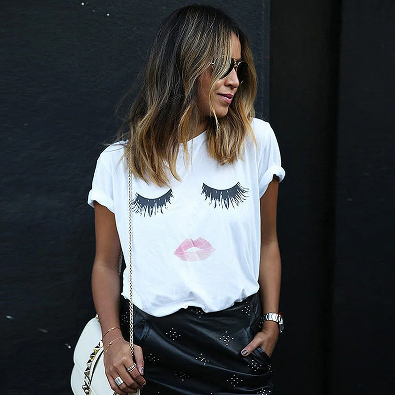 النساء المحملة قمصان الصيف أزياء المرأة المحملة قمم س الرقبة قصيرة كم عيون الشفاه المطبوعة القطن عارضة قمصان