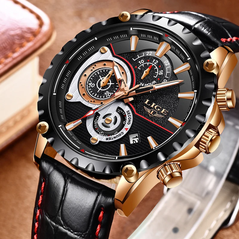 LIGE Mens Watches Top Brand Luxury Quartz Gold Watch Men Casual Leather Military Waterproof Sport Wrist Watch Relogio Masculino