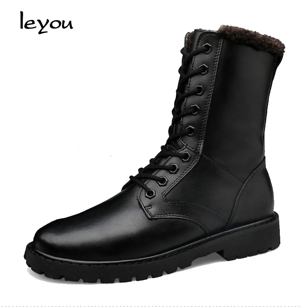 

Leyou Mens Plus Size Boots Mid Calf Genuine Leather Boots Black Riding Boots Autumn Winter Shoes Men Bota Masculina
